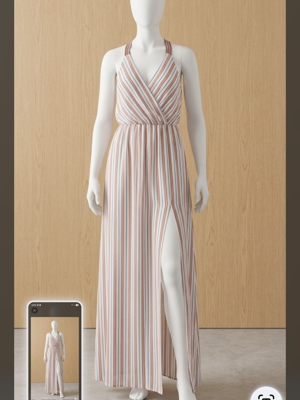 Monteau Halter-Striped Maxi Dress in White, Pink, Tan